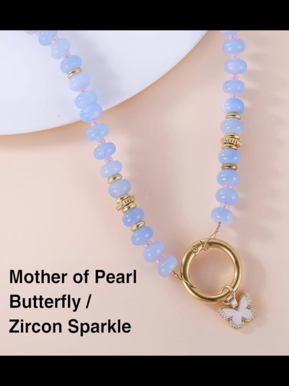 Mother of Pearl & Stone Necklace - Light Blue & Gold